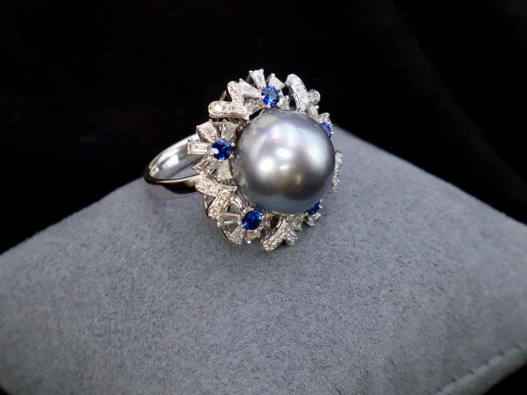 Luxury Sapphire Gold Ring Jewelry 14-14.5mm Black tahitian Sea Pearl Ring with 18K Gold Diamond Flower Ring for wedding