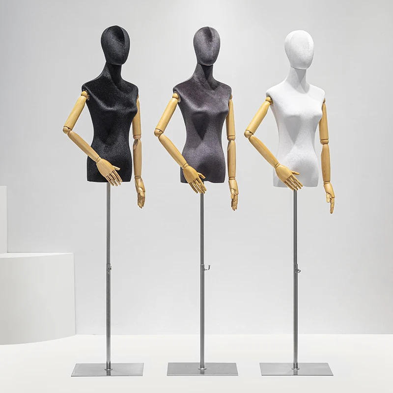 Window Clothing Display Female Half-Body Mannequins Dummy Models Woman Adult Velvet Dress Form Lady Mannequin with Wooden Arms