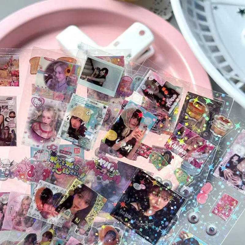 New Design Holographic  Star Sticker Head Laser Flash Film Cute Shape Kpop Idol Decal All Cut Self-adhesive Goo Card Paster