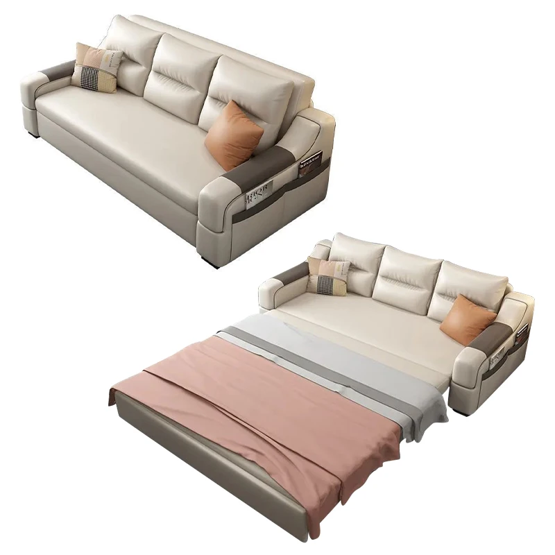 Leathaire/Cotton And Linen Sitting And Sleeping Multifunctional Sofa Bed Living Room Modern Simple Bedroom Storage Folding Sofa