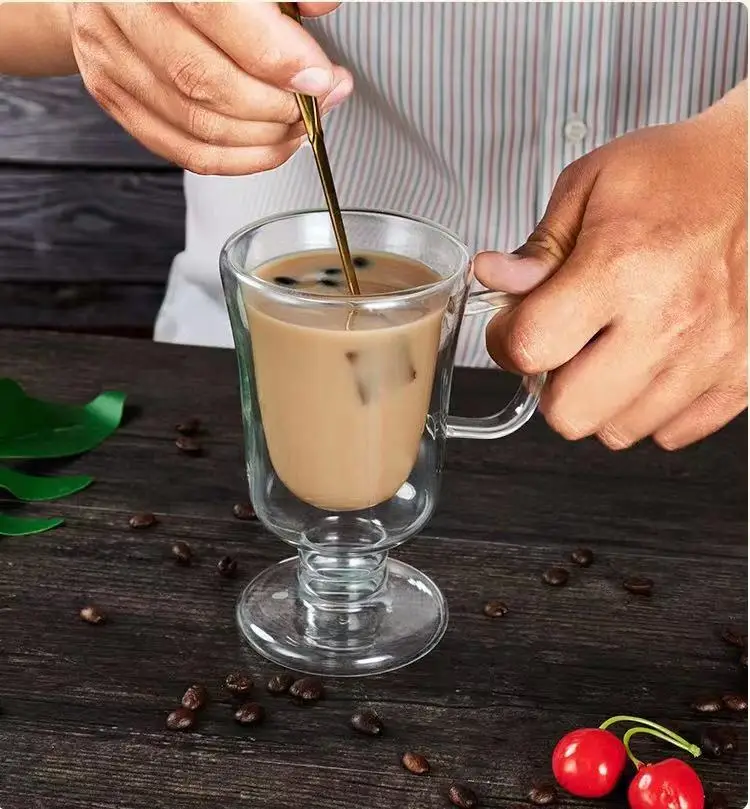 High Borosilicate Transparent Double Layer Coffee Cup with Handle Celebrity Restaurant Ice Cream Milk Juice Goblet for Tea Sets