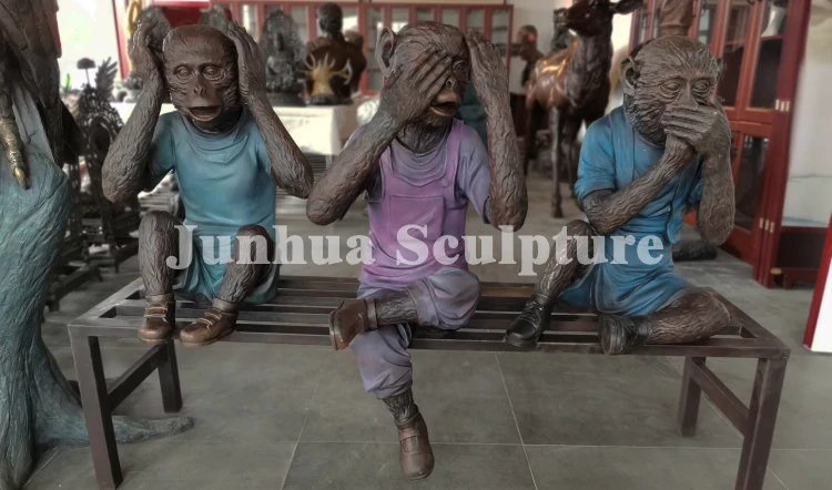 Three wise Bronze Monkeys Statue on Bench no speak no word no listen sculpture  bronze monkeys on bench sculpture