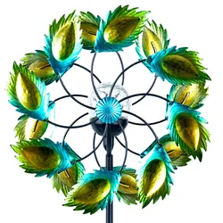 Hourpark Wholesale Green Metal Wind Spinners Peacock Feather Sculpture Ornaments Garden Wind Spinners