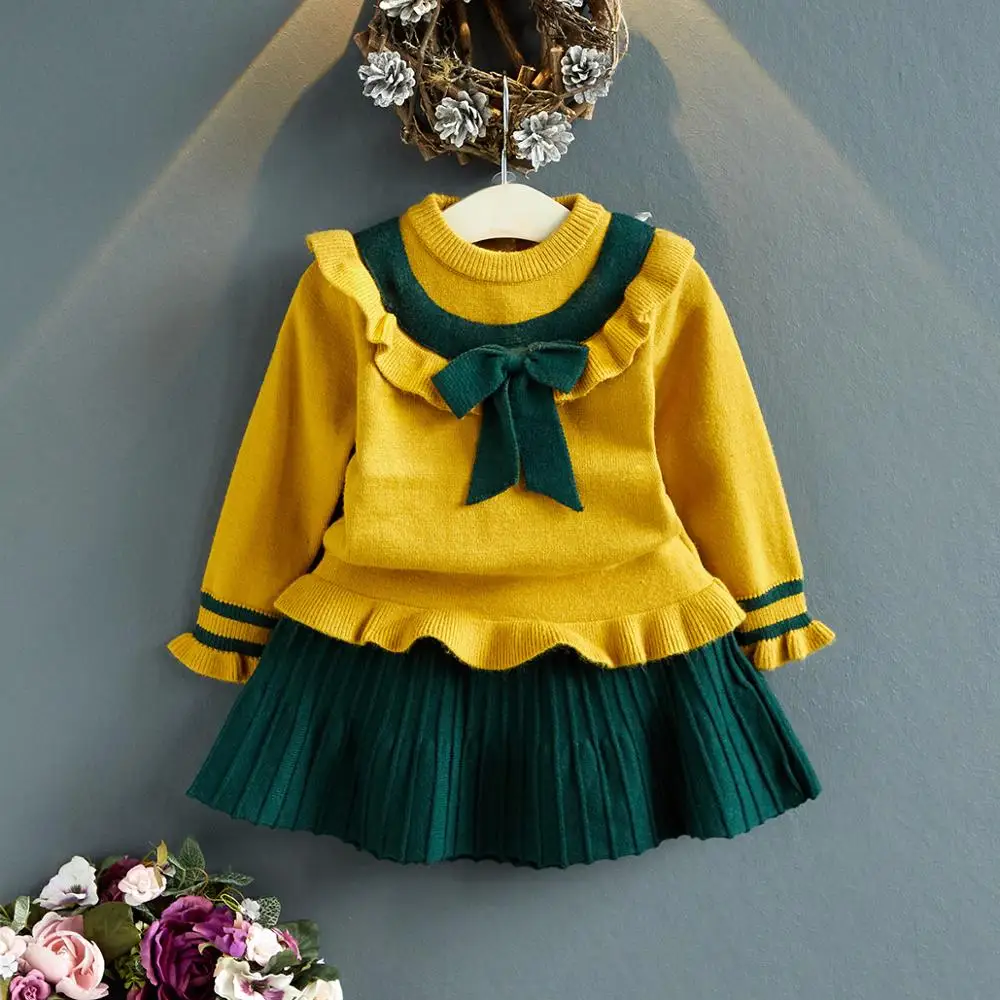 Hao Baby Girls Beautiful New Korean Children Pants Suit Spring Knitted Children Shirt Sweater Suits Two Piece Kid Set