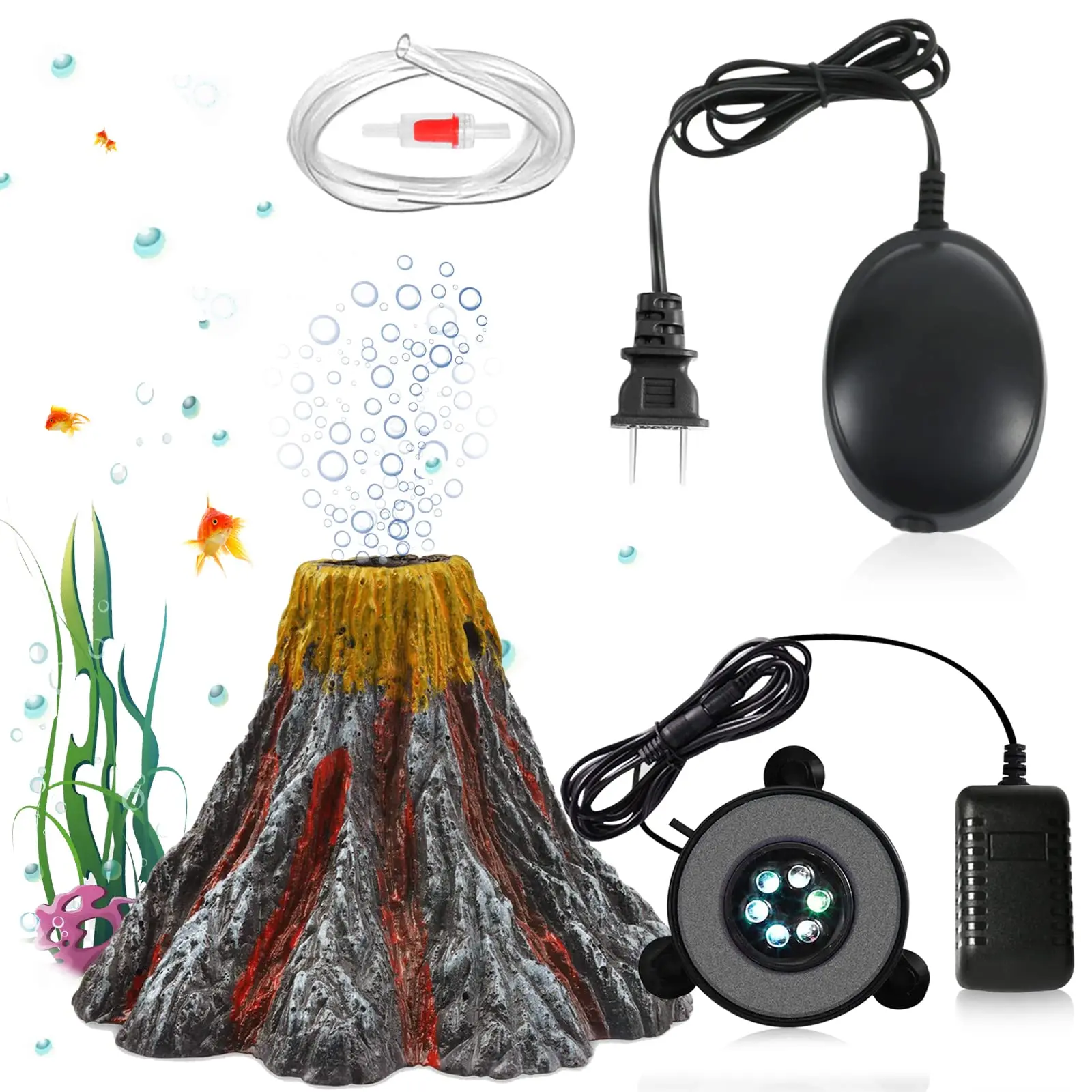 Aquarium Volcano Ornament Kit Realistic Resin Volcanic Decoration with Air Stone Bubbler Colorful LED Light Decor for Fish Tank