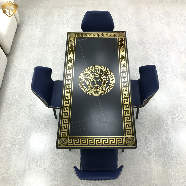 Extra large classic ornate black dining set tables slab 1800x900 top italian square gold luxury dining table set with 6 chairs