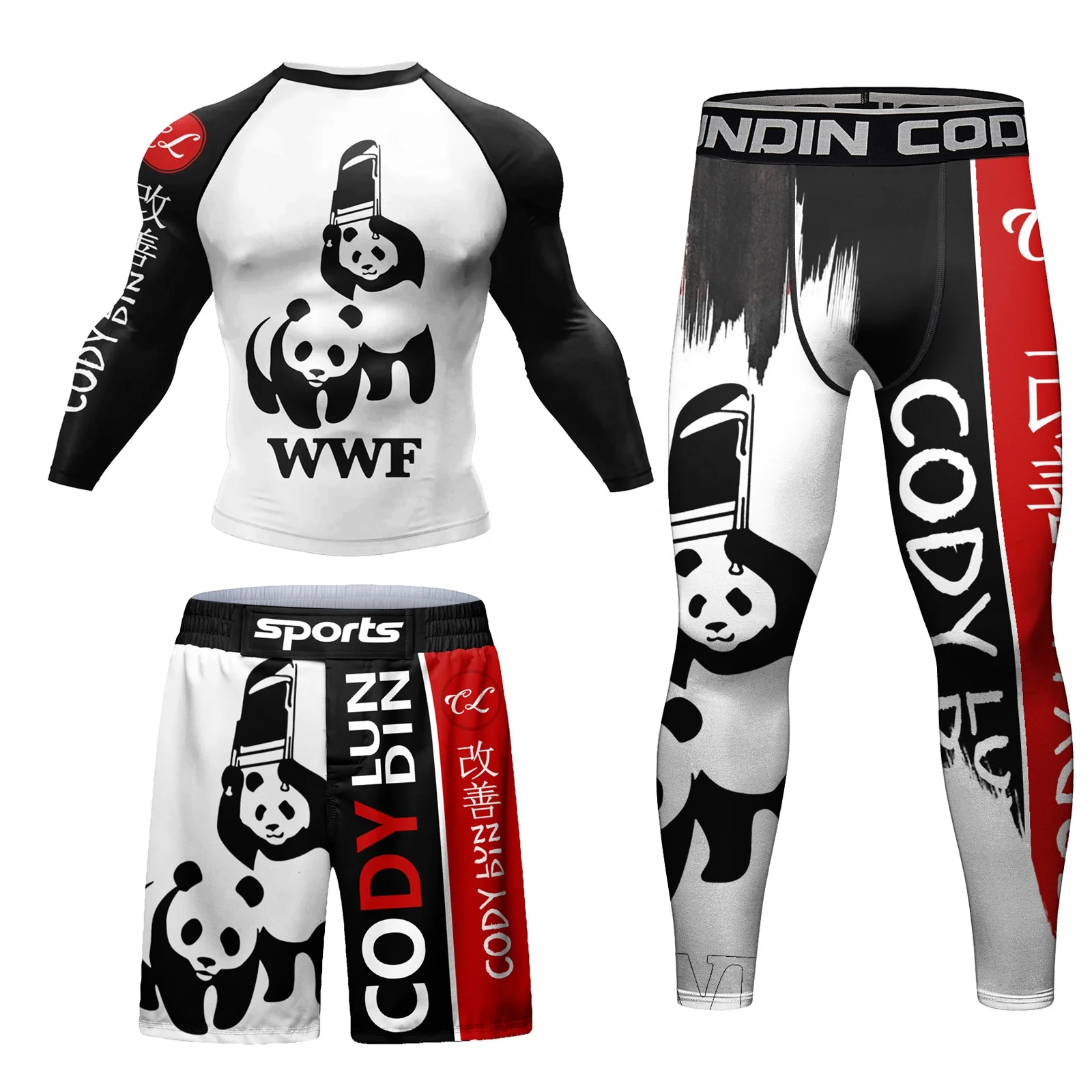 Customized Logo Cody Lundin Men Compression Sportswear Polyester Sunscreen t shirt For Swimming Surf Jiu jitsu BJJ Rashguard Set