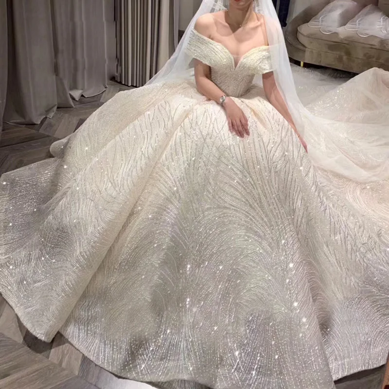 Guangzhou Auyan 2024 Long Train Wedding Dress Long Sleeve Mid-waist Fishtail White Shoulder Lace Evening Gown