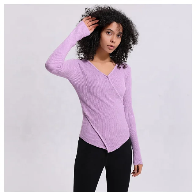 
Women Long Sleeves Sports Tracksuit Skinny V Neck Woolen T Shirt Winter T Shirt With Custom Logo 