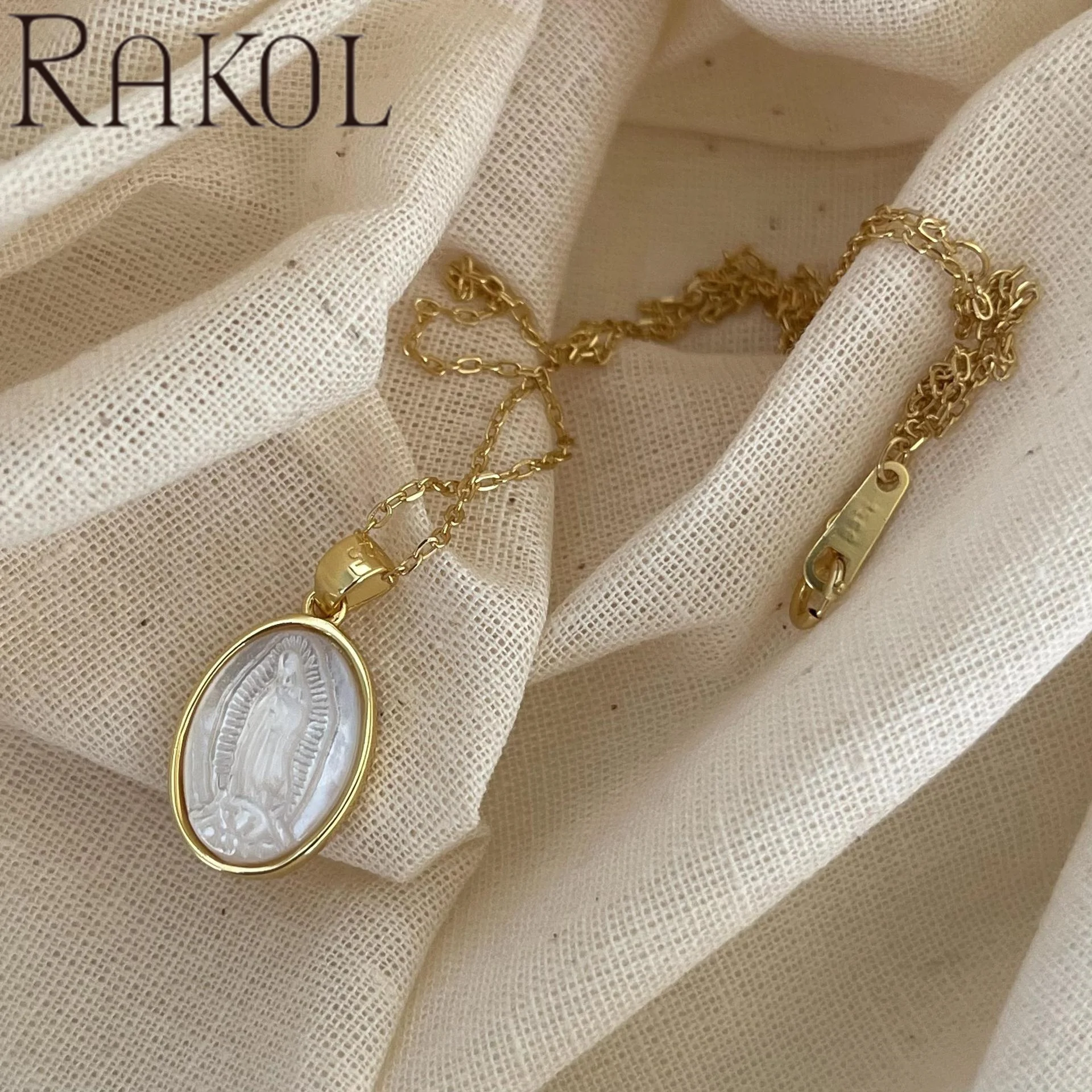RAKOL ZPN10175 Nordic Style Jewelry S925 Sterling Silver Oval Shaped Virgin Mary Shell Pendant Necklace