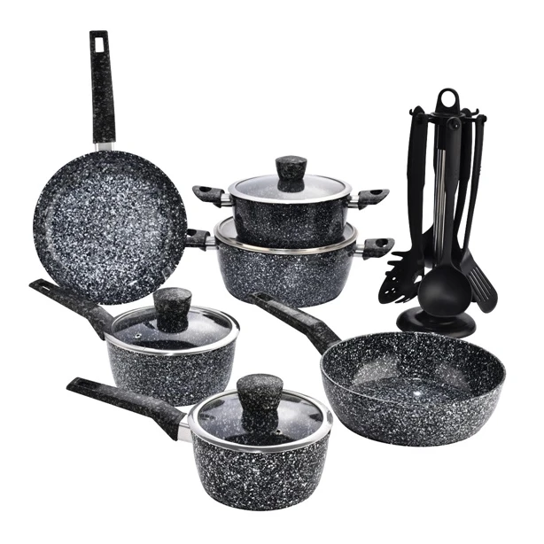 Forged Aluminum Ceramic Marble Cookware Set Casserole with Lid Frying Pan Ceramic Cooking Pot