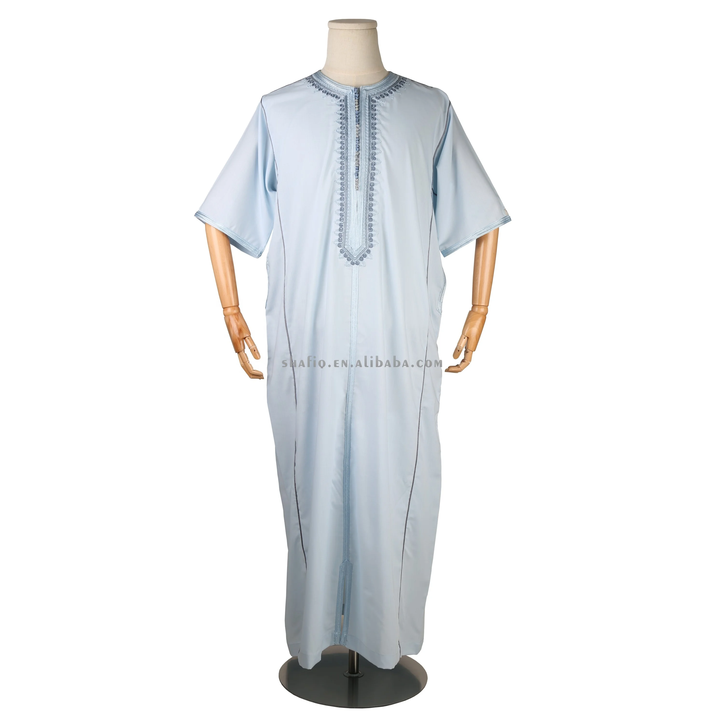 Moroccan Long Sleeve Elegant Embroidered Round Neck Arabic Prayer Jalabiya Soft Islamic Clothing Thobe Jubah Boubou Men Abaya