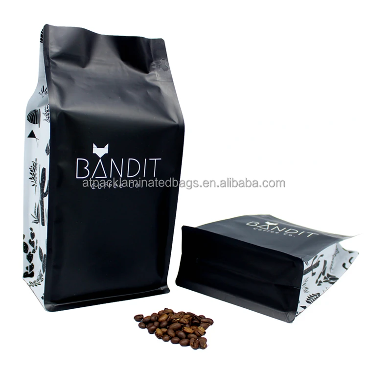 AT PACK Low Price Flat Bottom Coffee Bags With Valve Aluminium Foil Bag For Coffee Beans Packaging