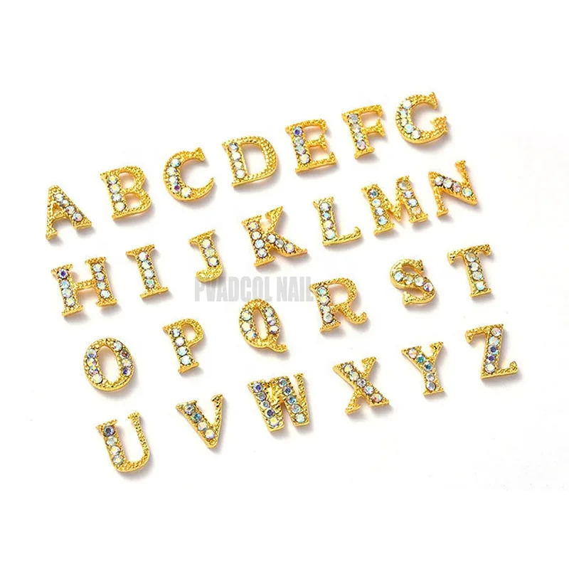 Newest 26pcs 3D Nail Art Gold English Letter Rhinestones Alloy Nail Charms Acrylic Tips Decoration