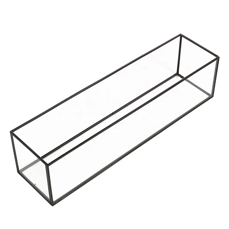 Factory Directly Sale Rectangular Geometric Copper Metal and Glass Terrarium Pot Vase for Indoor Air Plant Succulent Cactus