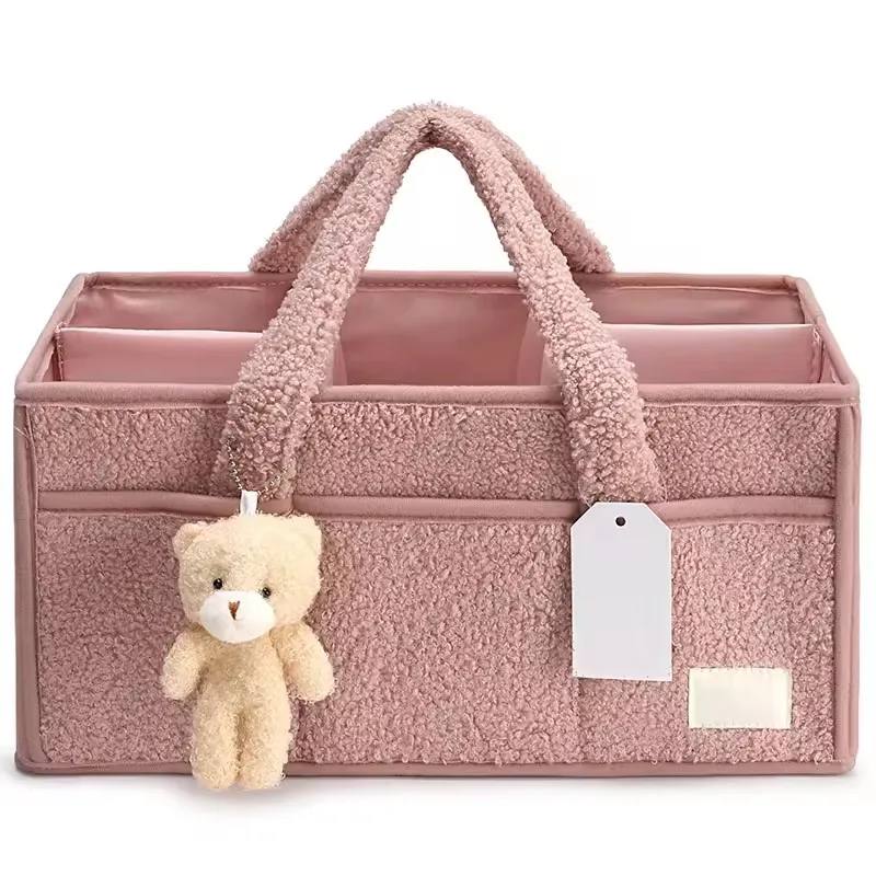 Large Capacity Teddy Velvet Car Caddy Organizer Bin Nursery Diaper Storage Bag Basket With Bear Ornament