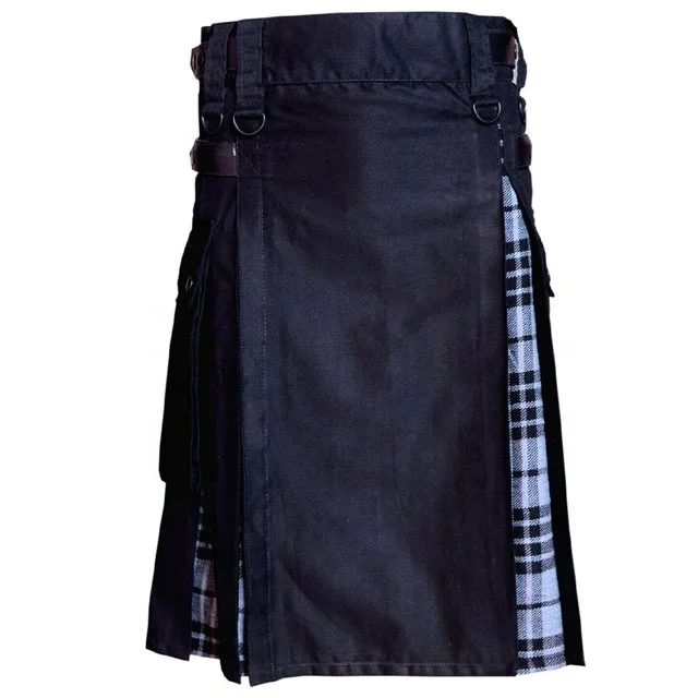 Men Scottish Hybrid Utility Kilt Leather Straps Cotton  Grey wash Tartan Pipe Band Uniform Wool Cloth Tartan Piper Kilt