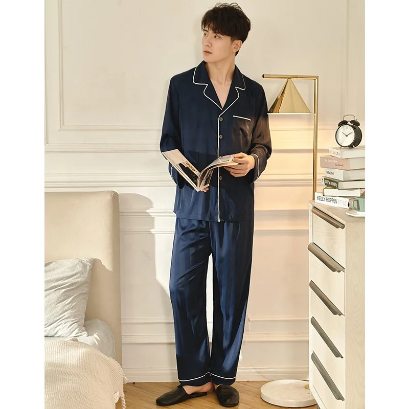 Пижама с длинными рукавами и карманами, с отложным воротником, жаккардовые Мужские пижамные штаны (1600215948997)