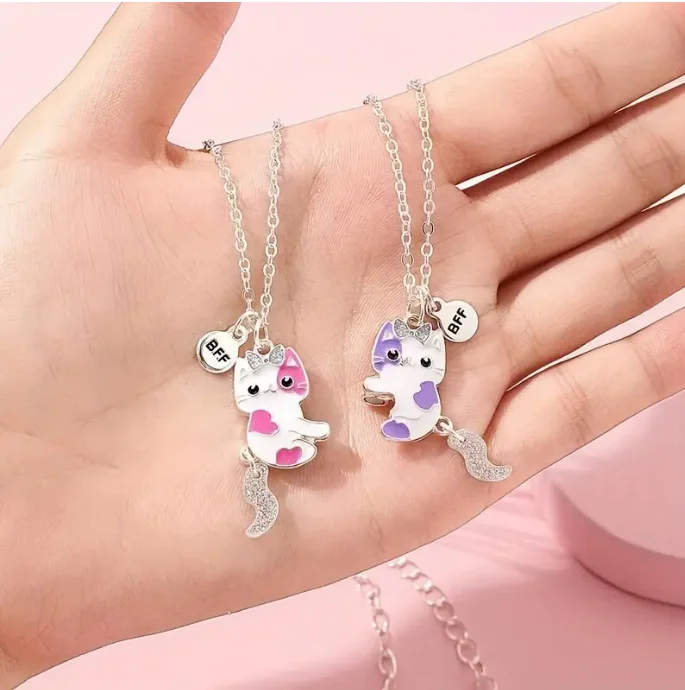2pcs Friendship Sequin Magnets Attract Necklaces Party Holiday Gift Cute Cartoon BFF Rhinestone Cat Pendant Necklace For Girls
