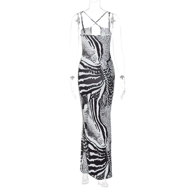 B27431 trendy ladies dress printed v neck strap hollow out backless sleeveless womens dresses