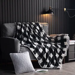 thick suitable Fringed balled checkered printed flannel Christmas blanket for four seasons sofa decoration