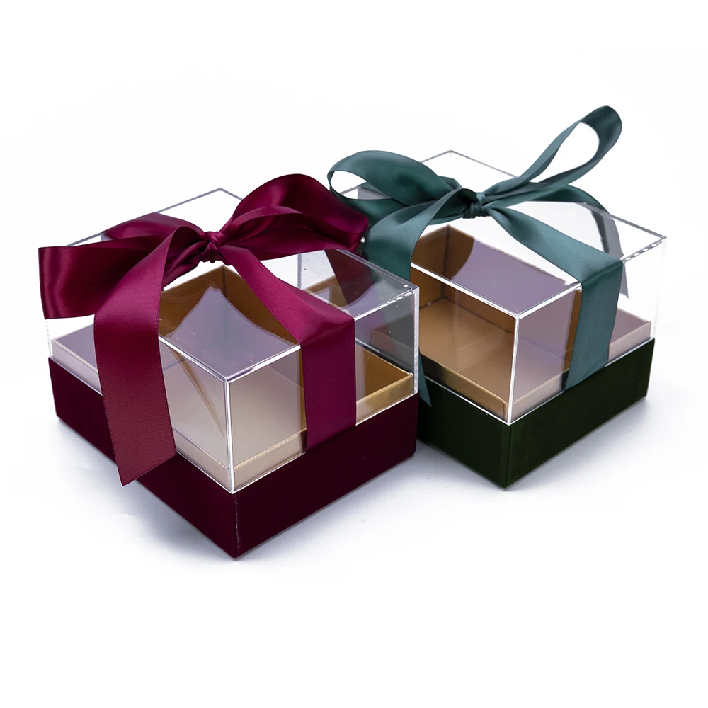 Acrylic Cover Lid Paper Boxes Transparent Chocolate Gift Box with Ribbon