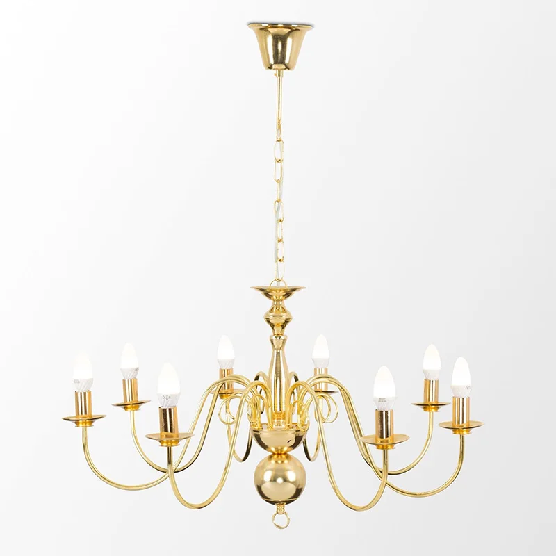 Ретро винтажная полированная латунная люстра с 8 лампами Подвесная лампа в виде свечи потолочный светильник Золотая цепочка NS-120222