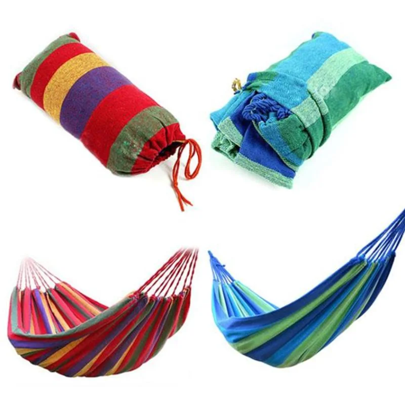 2 Persons Striped Hammock Outdoor Leisure Bed Thickened Canvas Hanging Bed Sleeping Swing Hammock for Camping