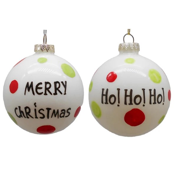 High class Customized Printed shiny white glass Christmas ball with Logo MERRY CHRISTMAS
