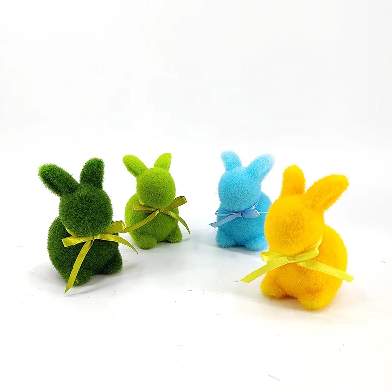 Colorful Handmade Flocked Rabbit Decoration Easter Bunny Figurine Flocking Hare Statue DIY Material Mini Ornament