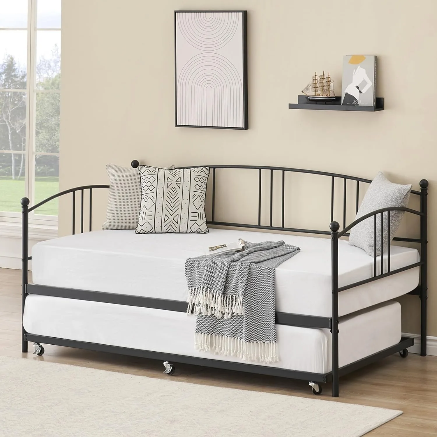 Factory Wholesale Metal Sofabed with Pulleys, Sofabed Frame with Headboard and 6 Casters, Mattress Base with Steel bar Support