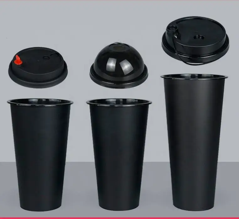 New design 520/700ml 90mm disposable black plastic cup with lids hard PP custom plastic cup for boba milktea juice