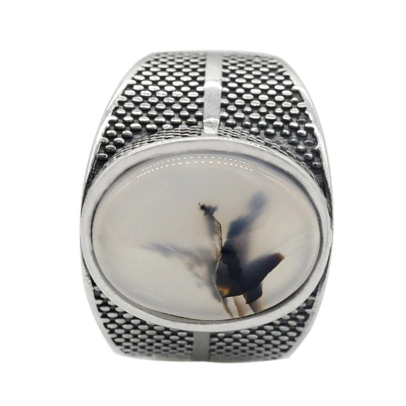 Factory Genuine S925 Thai Silver Natural Agate Stone Ring,Retro Punk Style Oxidized Onxy Silver Fashion Ring for Male