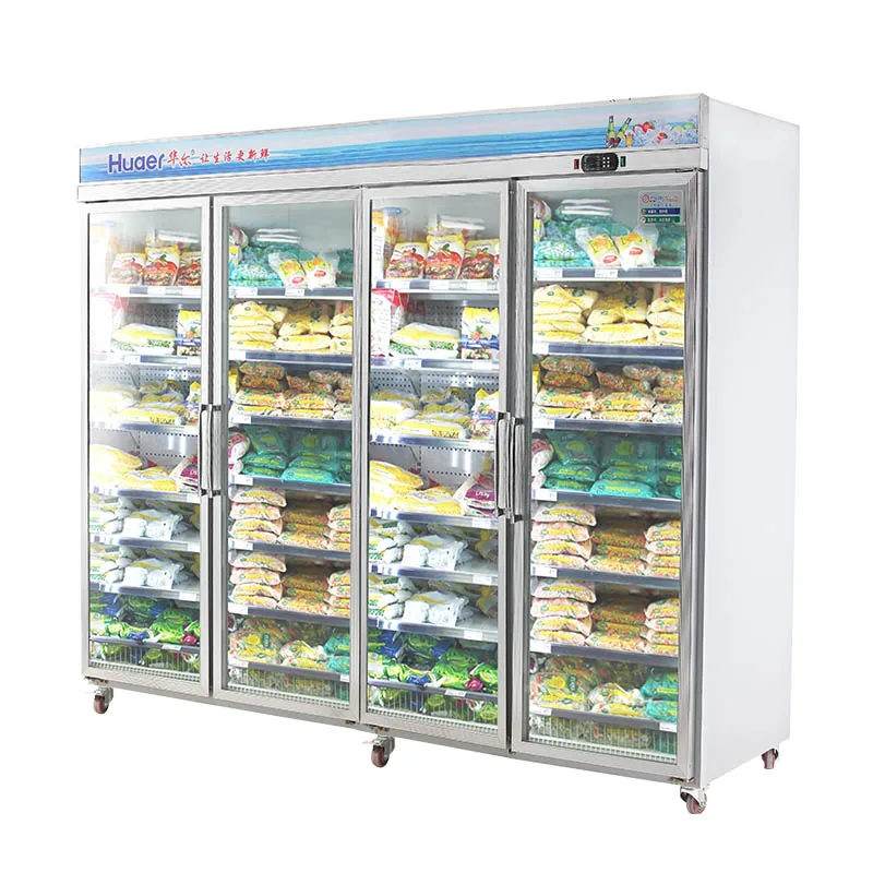 commercial frozen food used upright display glass 4 door freezer