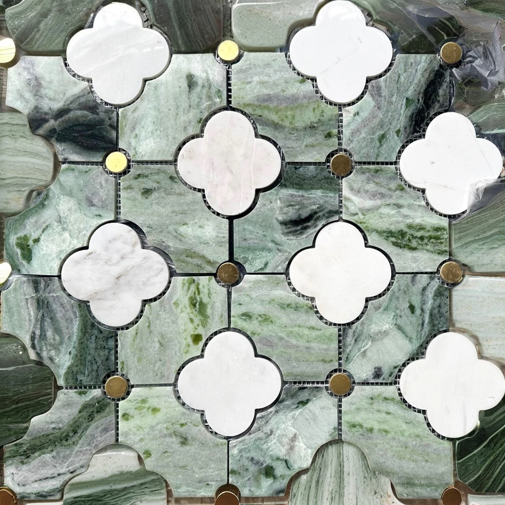 Modern Design Natural Stone Green Marble Mosaic Inlay Waterjet Flower for Kitchen Bathroom Wall Decoration Sheet Parquet Feature