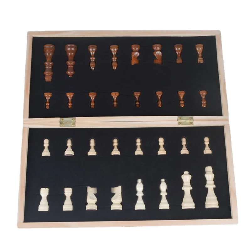 
15 Inches Wooden Chess Set - 2 Extra Queens - Folding Board Portable Chess Board Game Chess Set Wooden 