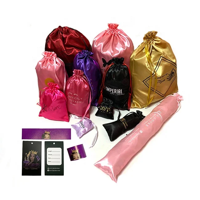 Индивидуальный Логотип, золотой, серебряный, белый, розовый удлинитель волос на шнурке, упаковочный мешочек для парика, пылесборник, Шелковый Атласный пакет с принтом логотипа