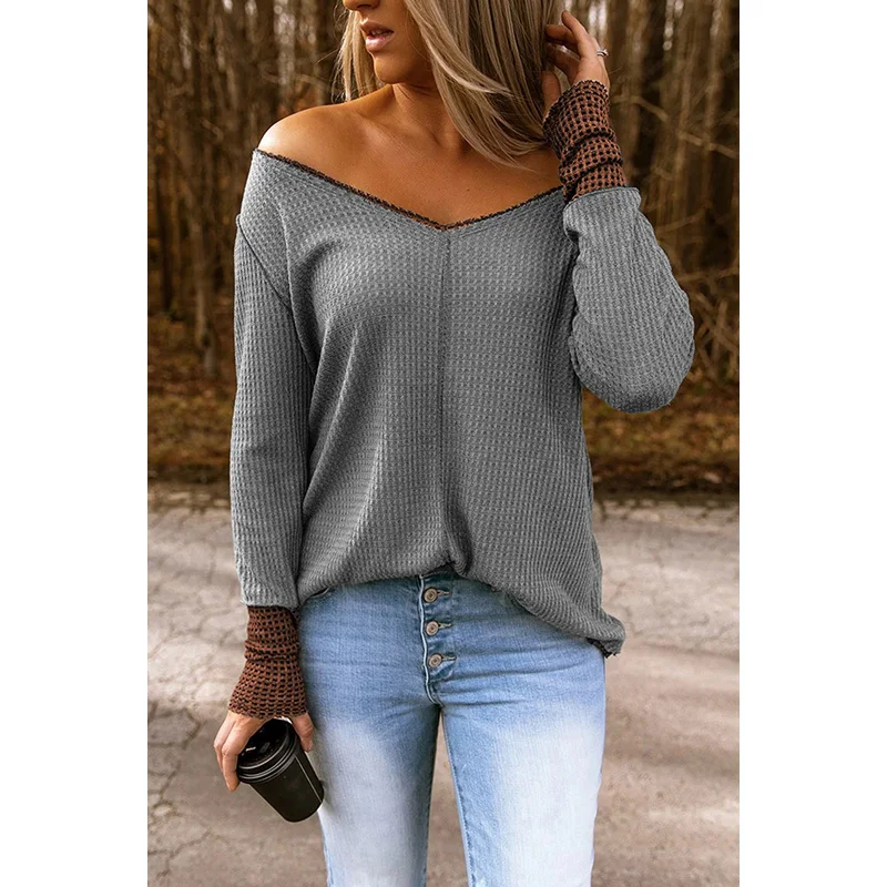Wholesale Loose Ribbed Texture Raglan Long Sleeve Off Shoulder Tops Women