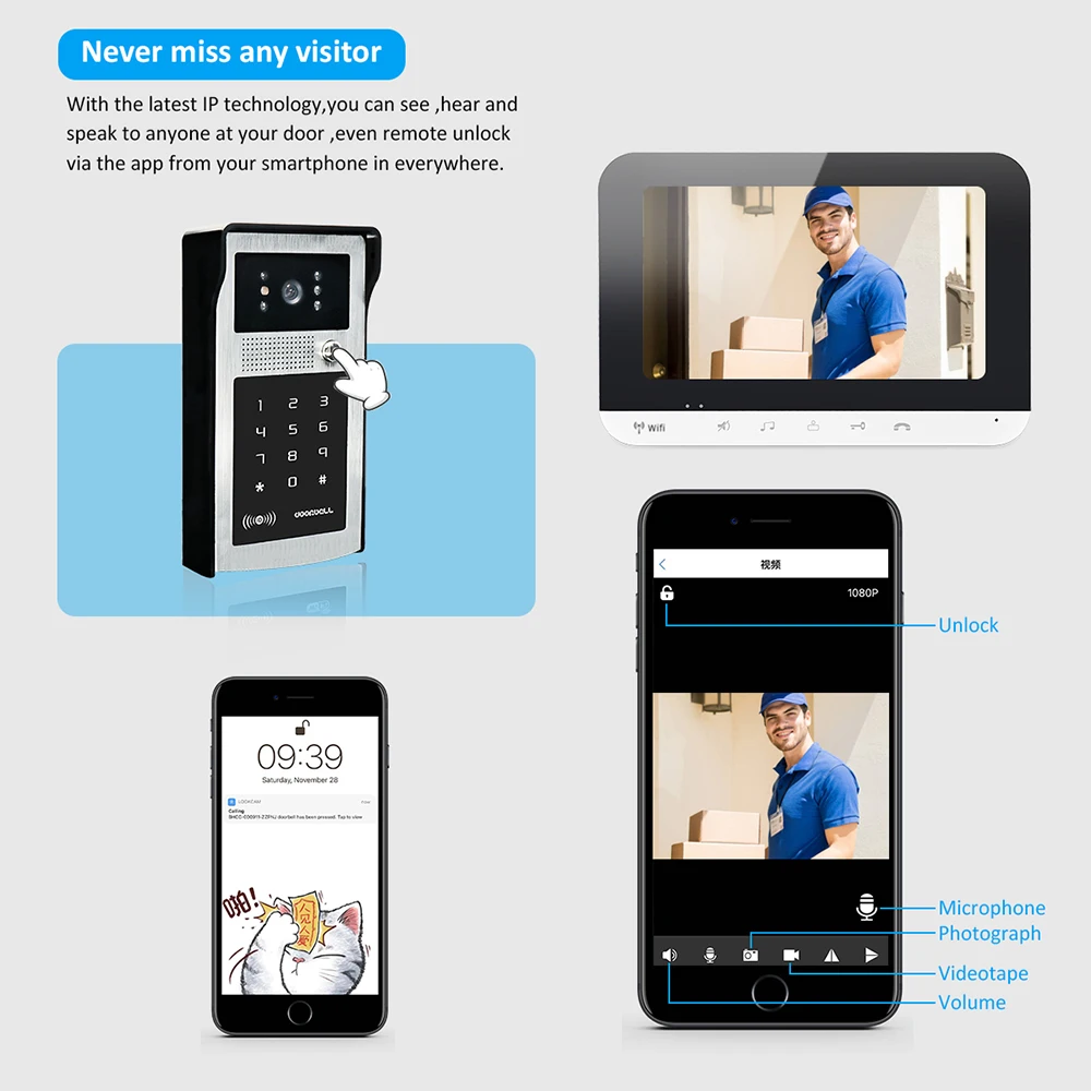 
High Quality Video Door Phone Intercom Metal wifi Doorbell Camera RFID Code Keypad Access for Villa 