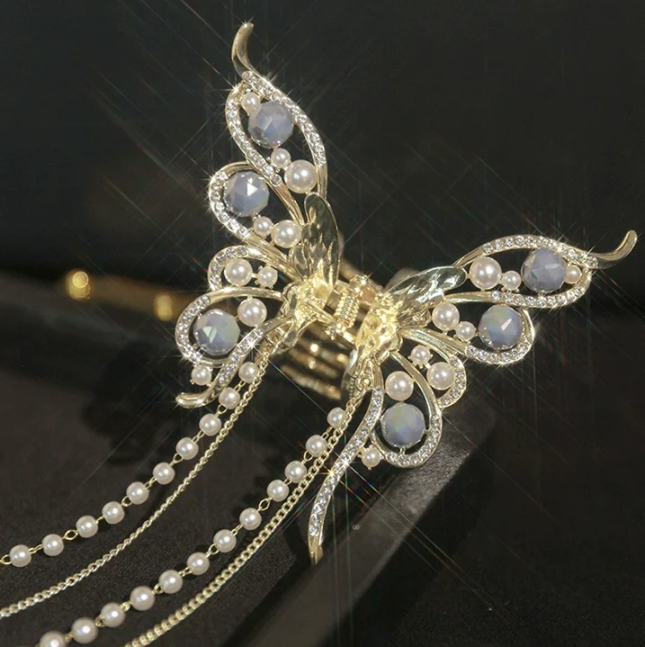 HC379D New Design Retro Classic Traditional Hair Accessories Metal Tassel Pearl Alloy Butterfly Hair Claw Clip