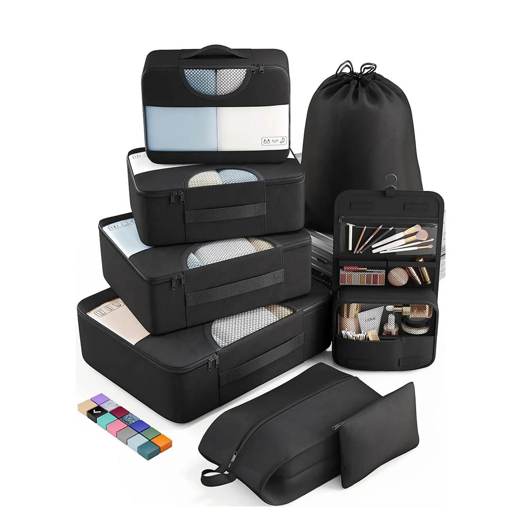 8 Set Unisex Polyester Packing Cubes Suitcases Travel Essentials Carry Luggage Organizer Bags Zipper Closure 4 Sizes Accessory