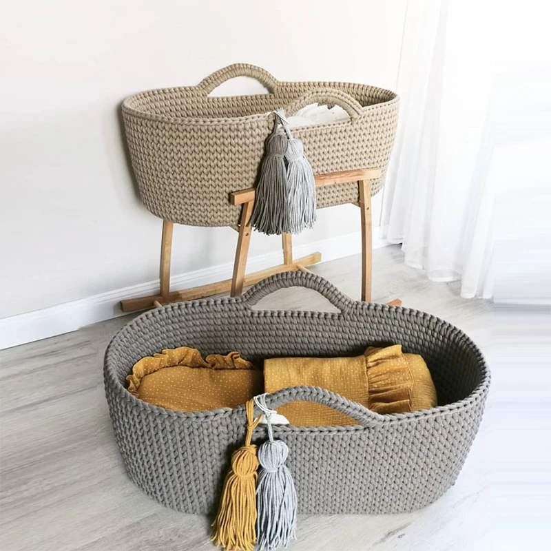 Nuohui Foldable crochet baby changing basket Handle for Newborn Nursery Moses Baskets Diaper Changing With Mattress