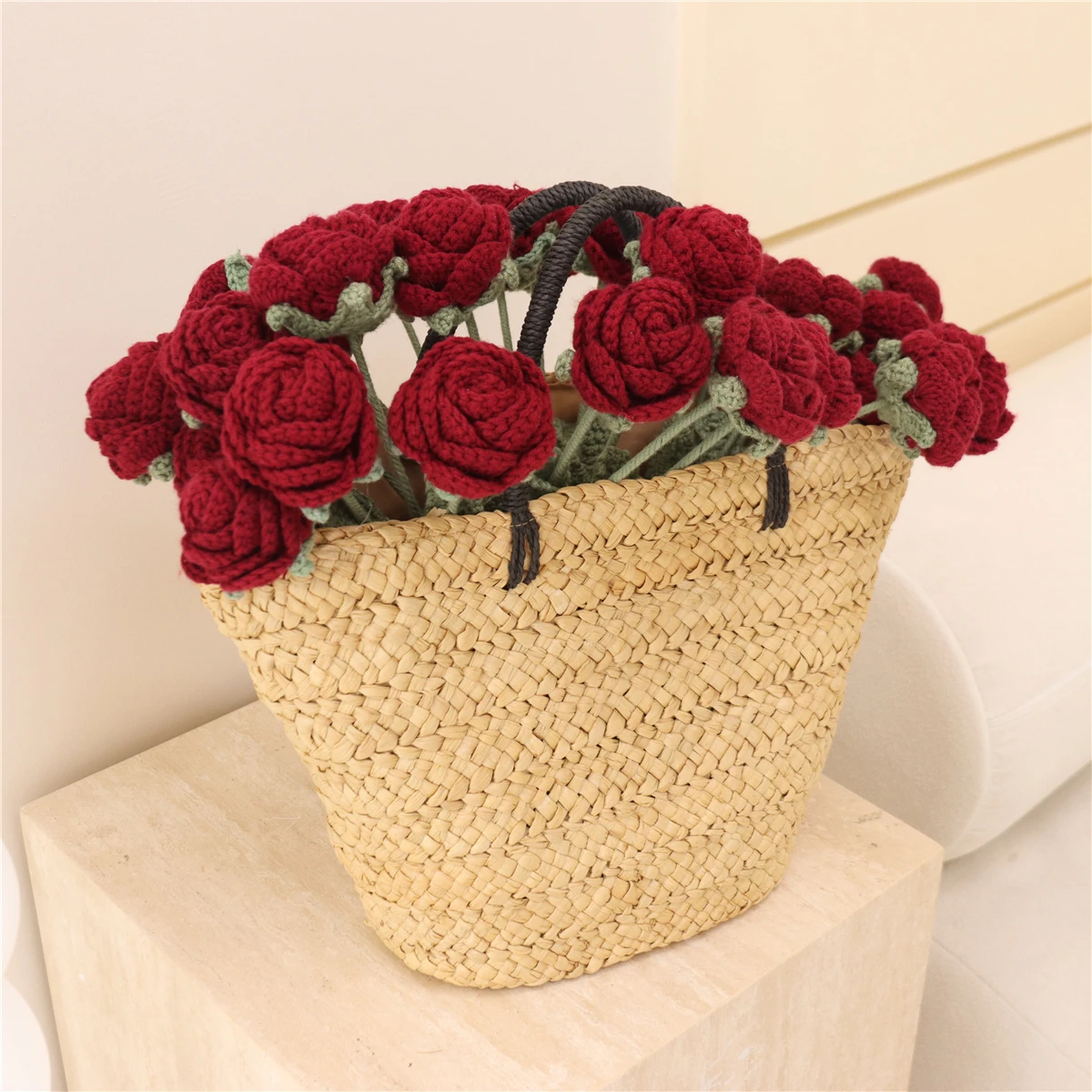Knitted Artificial Rose Handmade Crochet Flowers for Wedding Bouquet DIY Gifts