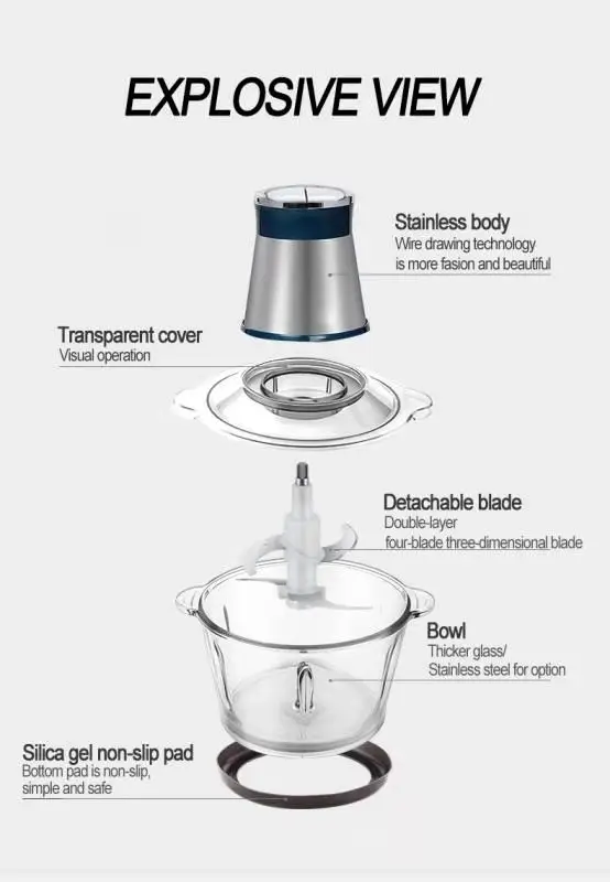 2022 OEM Kitchen Appliances 2L Multi-functional Stainless Steel Electric Scallion Meat Chopper Food Chopper