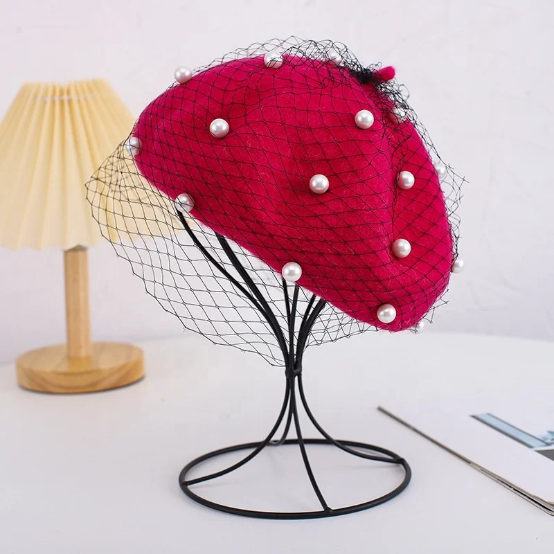 Wholesale fashion designer church girl brown 100% wool Gauze pearl school various colors french net beret hat cap