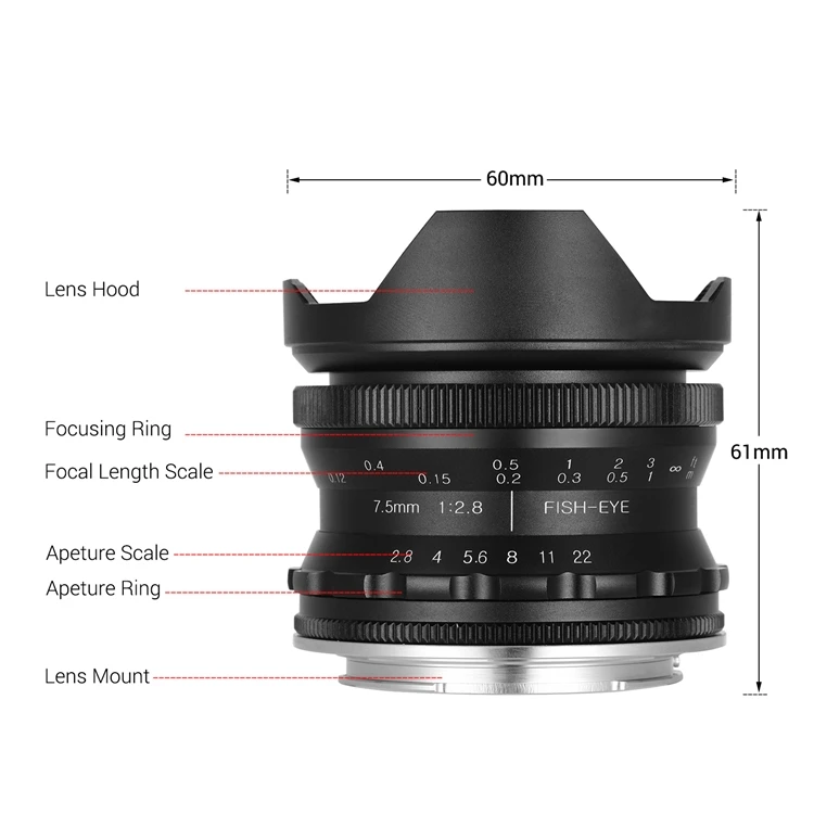7,5 мм F2.8 ручной фокусирующий объектив «рыбий глаз» ультра широкоугольный объектив с фиксированным фокусным расстоянием большой апертурой E-Mount объектив для Sony APS-C рамка