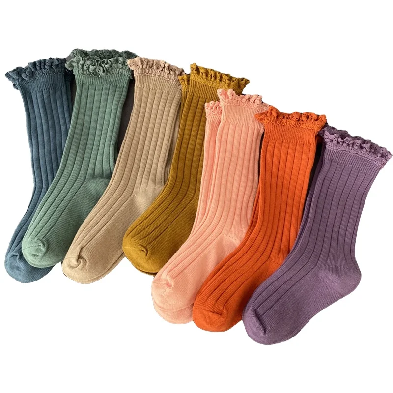 
Wholesale Breathable Solid Cute Ribbed Infant Baby Socks Set Colorful Cotton Kids Ruffle Socks 
