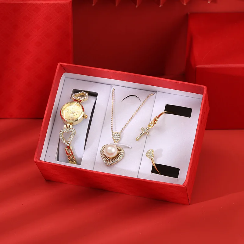 Elegant Lady set gift box for mom and girlfriends diamond studded quartz watch  bracelet  necklace three pieces set