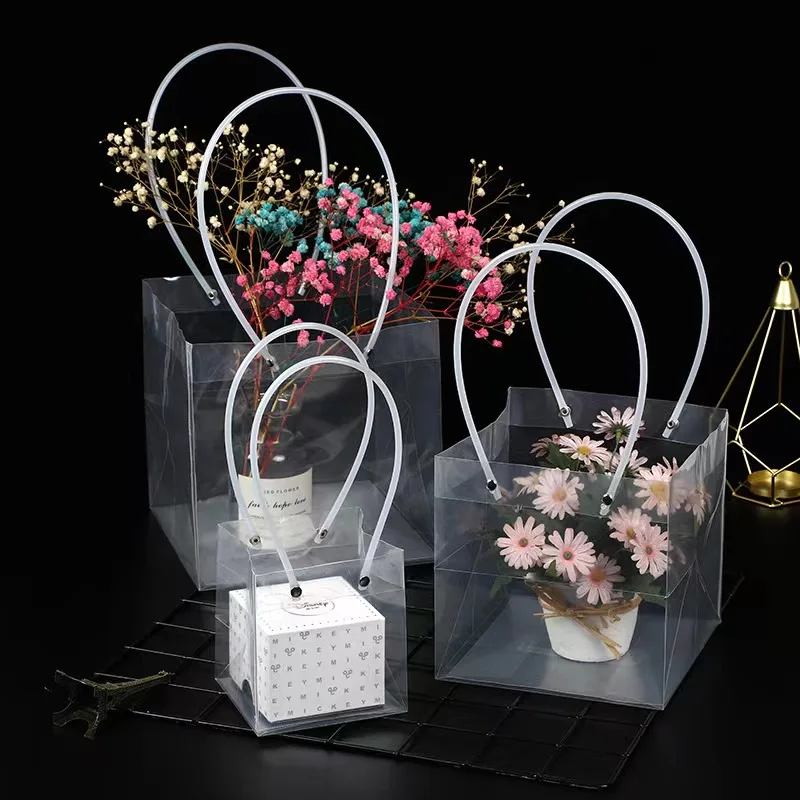 Ready To Ship Wholesale Large Size design logo PP Transparent Plastic Flower Bag Clear Gift Flower Bouquet Bag With Handle