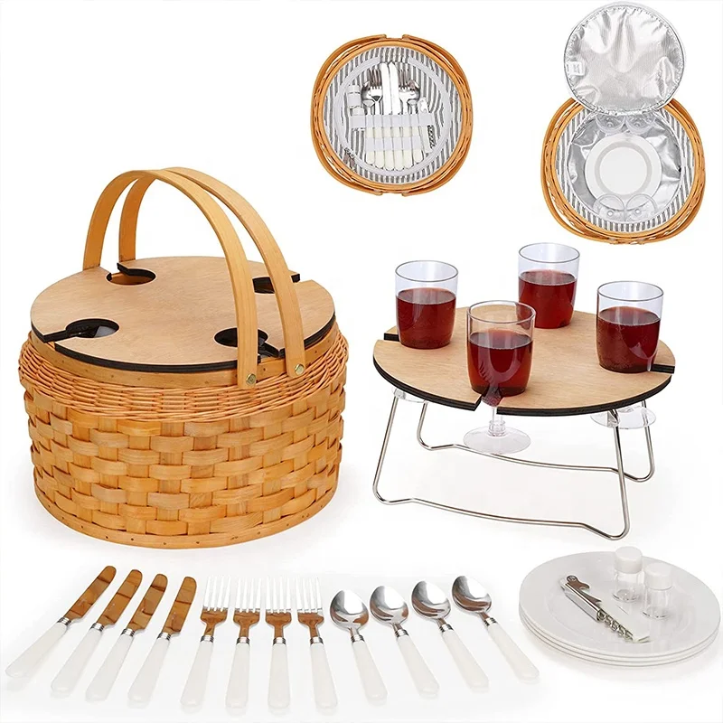 Willow Weave Picnic Basket with Insulated Cooler Wicker Basket with Wood Table for Christmas Hamper for 4 people